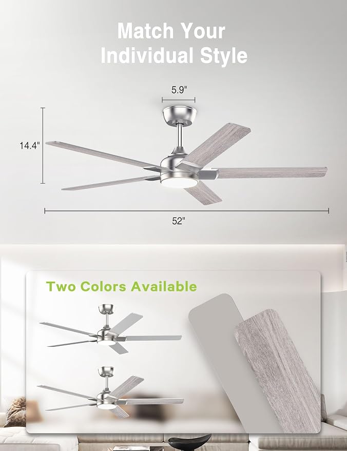 52 inch Nickel Ceiling Fans with Lights,5 Blades,6CCT, Low Profile, Remote Control, for Bedroom, Kitchen, Living, alternate