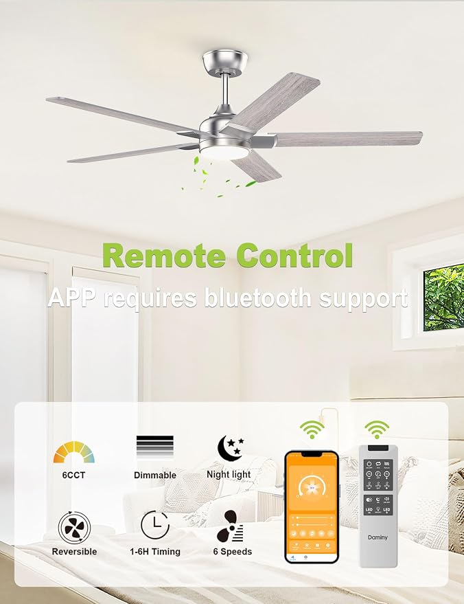 52 inch Nickel Ceiling Fans with Lights,5 Blades,6CCT, Low Profile, Remote Control, for Bedroom, Kitchen, Living, alternate
