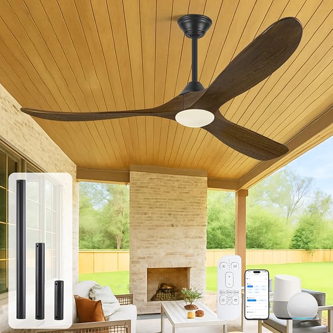52 Inch Outdoor Ceiling Fans for Patios with Lights, Wood Rustic Farmhouse Smart Ceiling Fan with Remote/APP/Alexa Control