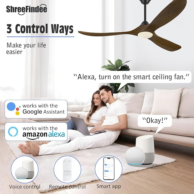 52 Inch Outdoor Ceiling Fans for Patios with Lights, Wood Rustic Farmhouse Smart Ceiling Fan with Remote/APP/Alexa Control