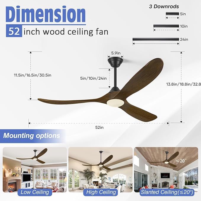 52 Inch Outdoor Ceiling Fans for Patios with Lights, Wood Rustic Farmhouse Smart Ceiling Fan with Remote/APP/Alexa Control