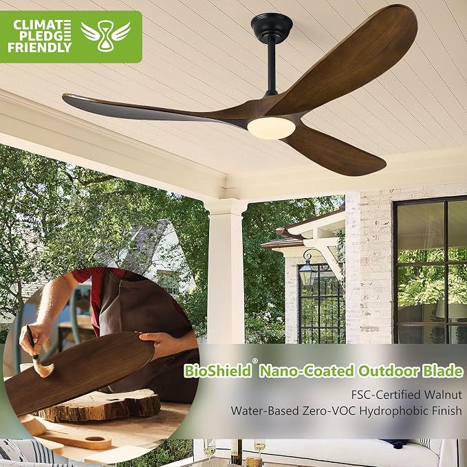 52 Inch Outdoor Ceiling Fans with Lights, Dimmable Solid Wood Ceiling Fan with Light and Remote Control 3 Blades Rustic