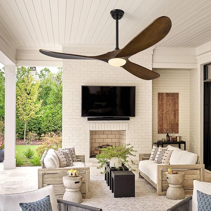 52 Inch Outdoor Ceiling Fans with Lights, Dimmable Solid Wood Ceiling Fan with Light and Remote Control 3 Blades Rustic