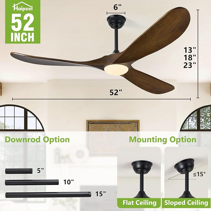 52 Inch Outdoor Ceiling Fans with Lights, Dimmable Solid Wood Ceiling Fan with Light and Remote Control 3 Blades Rustic