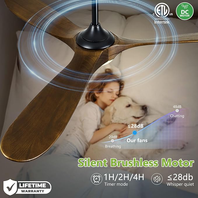 52 Inch Outdoor Ceiling Fans with Lights, Dimmable Solid Wood Ceiling Fan with Light and Remote Control 3 Blades Rustic