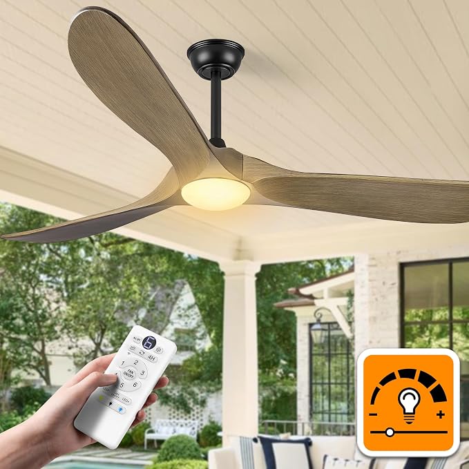 52 Inch Outdoor Ceiling Fans with Lights, Dimmable Solid Wood Ceiling Fan with Light and Remote Control 3 Blades Rustic