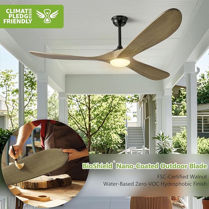 52 Inch Outdoor Ceiling Fans with Lights, Dimmable Solid Wood Ceiling Fan with Light and Remote Control 3 Blades Rustic
