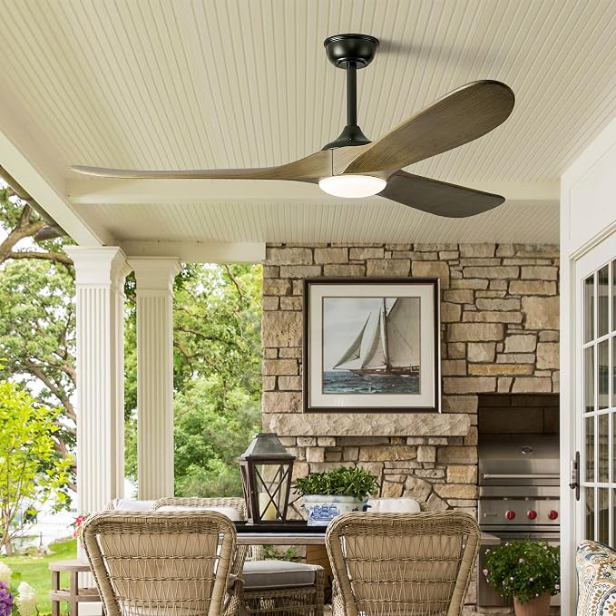 52 Inch Outdoor Ceiling Fans with Lights, Dimmable Solid Wood Ceiling Fan with Light and Remote Control 3 Blades Rustic