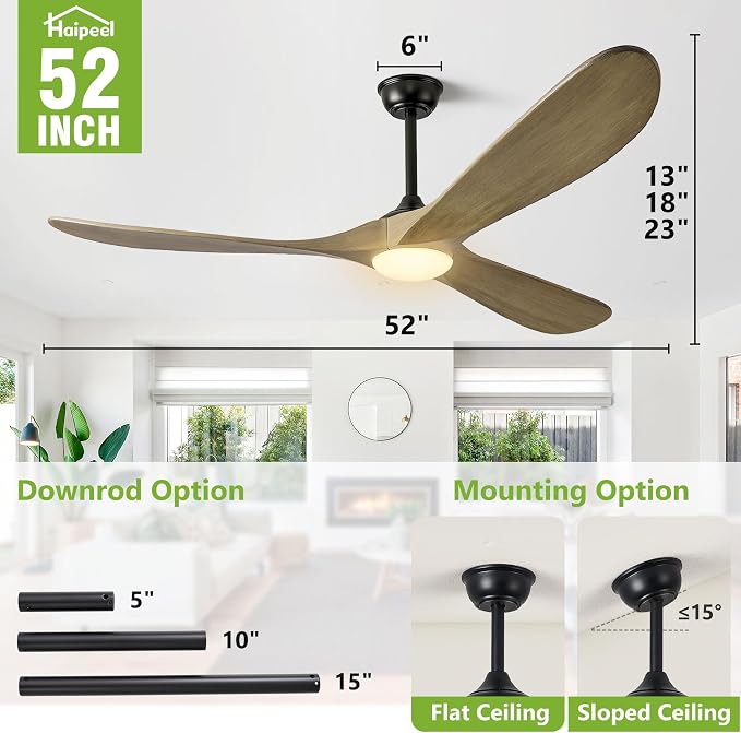52 Inch Outdoor Ceiling Fans with Lights, Dimmable Solid Wood Ceiling Fan with Light and Remote Control 3 Blades Rustic