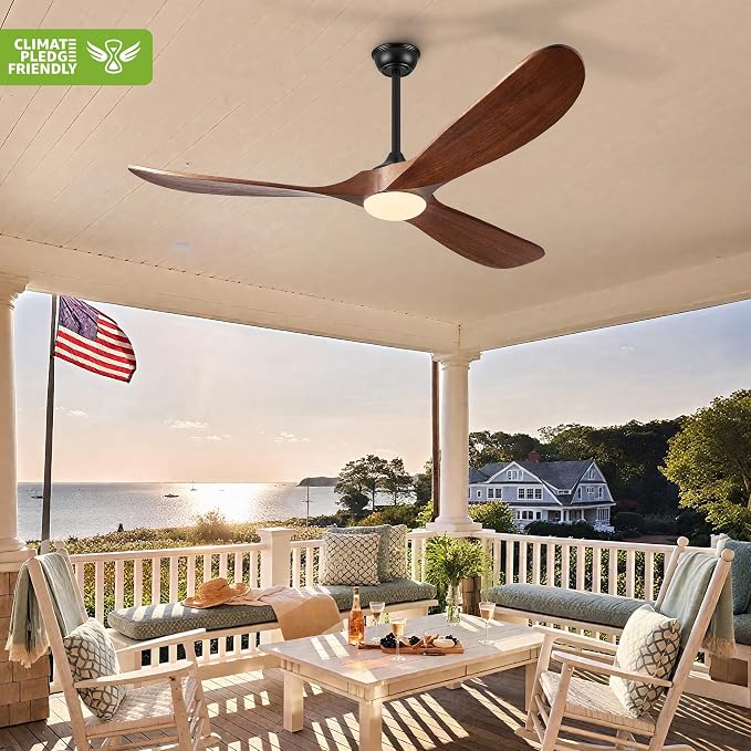 52 Inch Outdoor Ceiling Fans with Lights, Propeller Solid Wood Ceiling Fan with Light and Remote Control 3 Blades Damp Rated