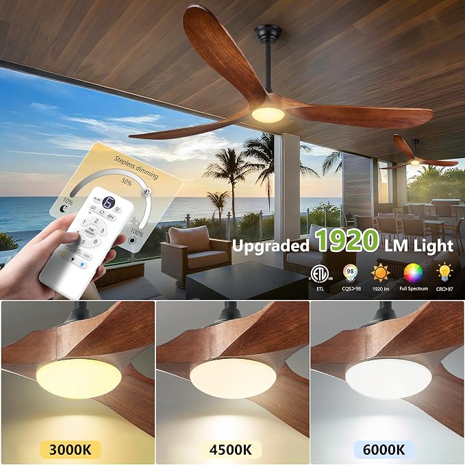 52 Inch Outdoor Ceiling Fans with Lights, Propeller Solid Wood Ceiling Fan with Light and Remote Control 3 Blades Damp Rated
