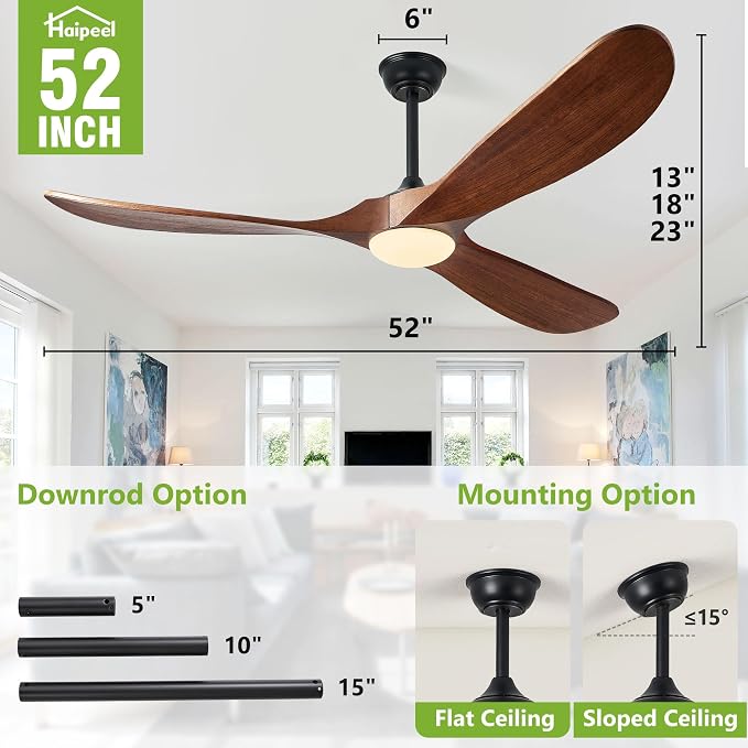 52 Inch Outdoor Ceiling Fans with Lights, Propeller Solid Wood Ceiling Fan with Light and Remote Control 3 Blades Damp Rated