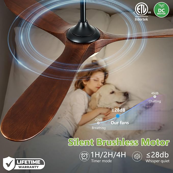 52 Inch Outdoor Ceiling Fans with Lights, Propeller Solid Wood Ceiling Fan with Light and Remote Control 3 Blades Damp Rated