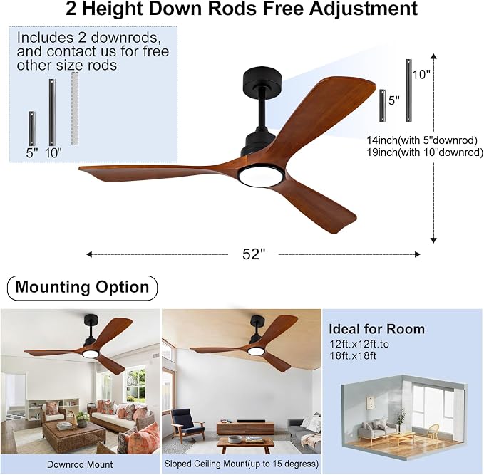 52 Inch Outdoor Ceiling Fans with Lights, Remote Control, Dimmable, Reversible DC Motor, Memory Function, Modern 3 Blade Wood