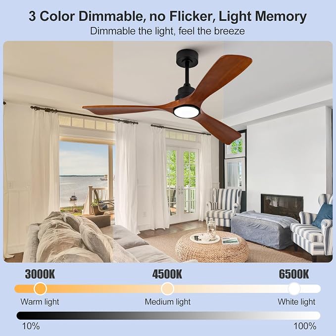 52 Inch Outdoor Ceiling Fans with Lights, Remote Control, Dimmable, Reversible DC Motor, Memory Function, Modern 3 Blade Wood