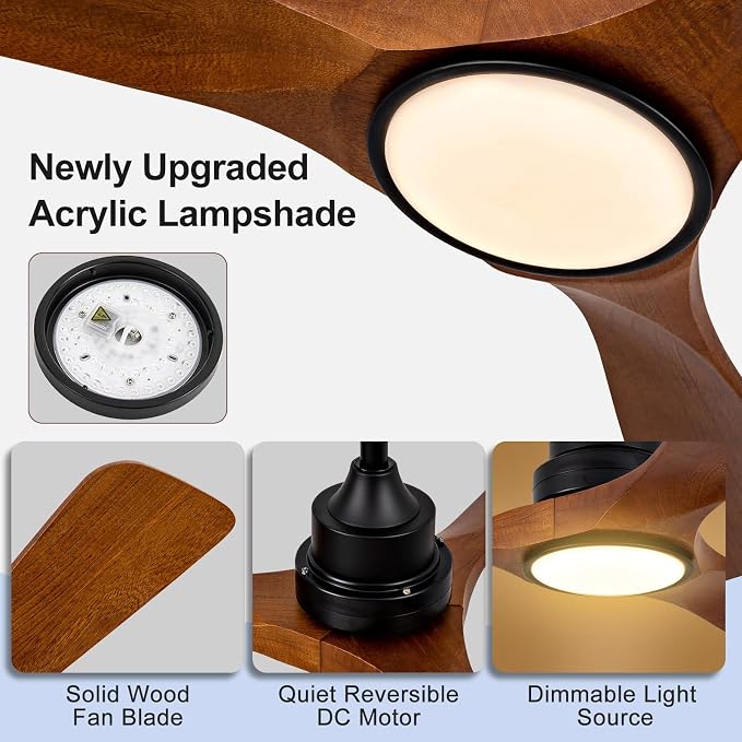 52 Inch Outdoor Ceiling Fans with Lights, Remote Control, Dimmable, Reversible DC Motor, Memory Function, Modern 3 Blade Wood