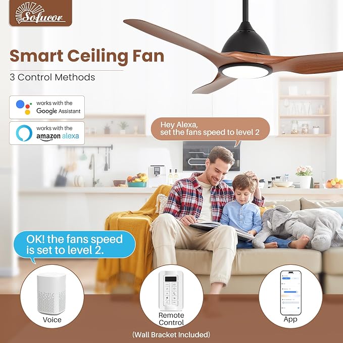 52 Inch Smart Ceiling Fan with Light, Modern Ceiling Fan with 3 Plastic Blade, Quiet, Dimmable, Compatible with