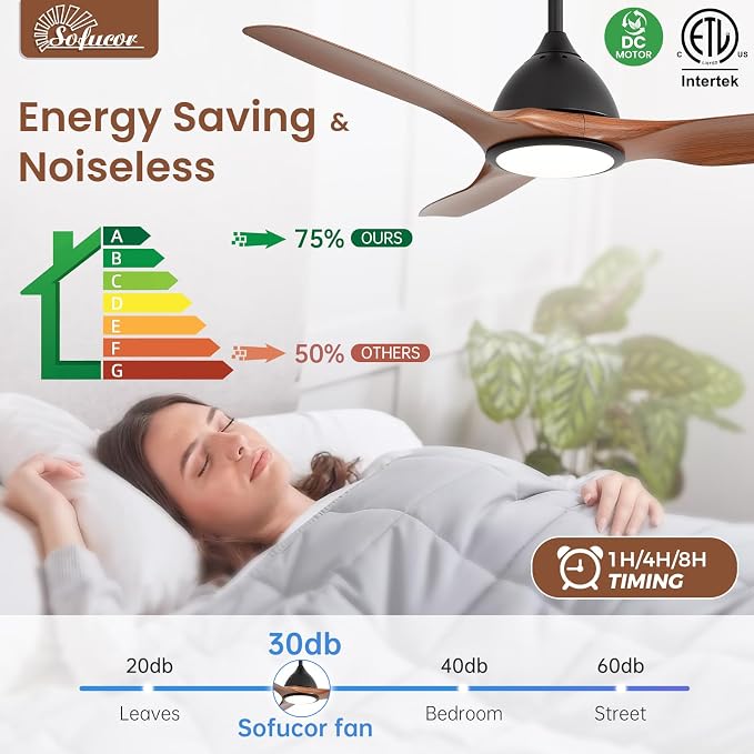 52 Inch Smart Ceiling Fan with Light, Modern Ceiling Fan with 3 Plastic Blade, Quiet, Dimmable, Compatible with