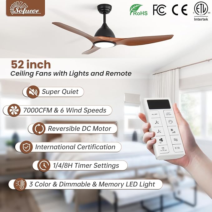 52 Inch Smart Ceiling Fan with Light, Modern Ceiling Fan with 3 Plastic Blade, Quiet, Dimmable, Compatible with
