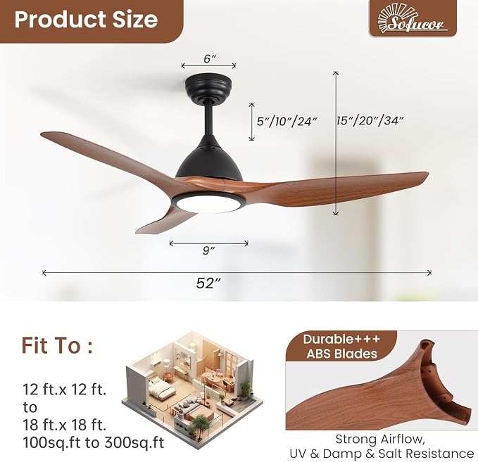 52 Inch Smart Ceiling Fan with Light, Modern Ceiling Fan with 3 Plastic Blade, Quiet, Dimmable, Compatible with