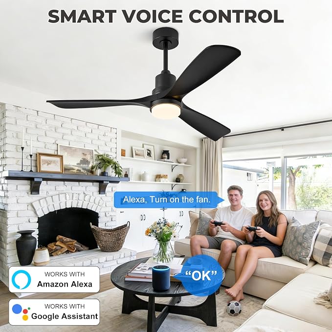 52 inch Smart Ceiling Fan with Lights,Outdoor Ceiling Fan 3 Wood Blades Compatible with Alexa/Gg Voice