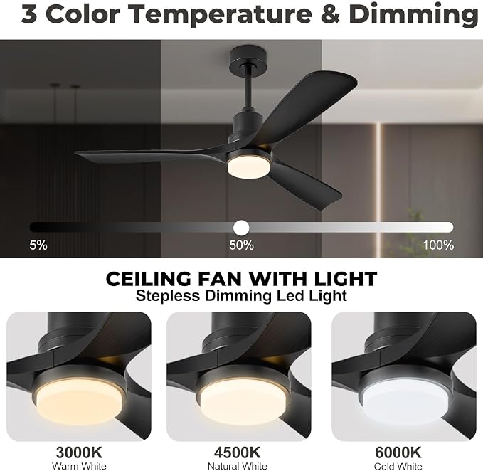 52 inch Smart Ceiling Fan with Lights,Outdoor Ceiling Fan 3 Wood Blades Compatible with Alexa/Gg Voice