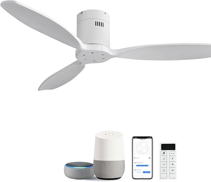 52 Inch Smart Ceiling Fan Without Light Flush Mount Solid Wood Ceiling Fan with Alexa/Google/APP/Remote Control-Modern