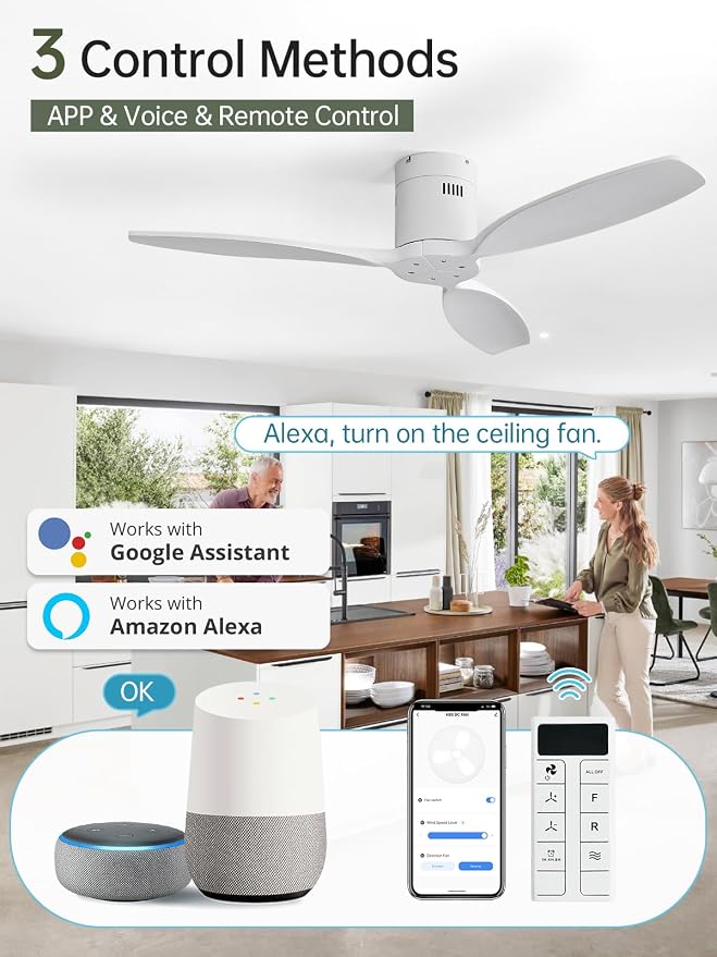 52 Inch Smart Ceiling Fan Without Light Flush Mount Solid Wood Ceiling Fan with Alexa/Google/APP/Remote Control-Modern