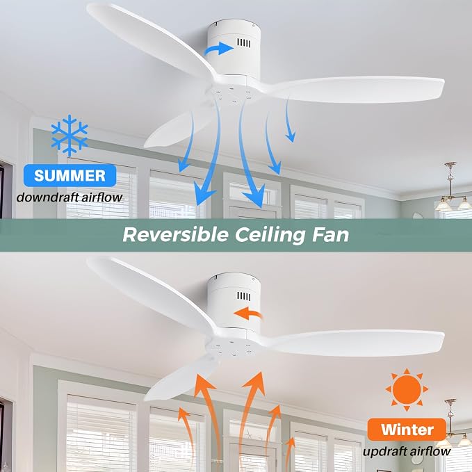 52 Inch Smart Ceiling Fan Without Light Flush Mount Solid Wood Ceiling Fan with Alexa/Google/APP/Remote Control-Modern