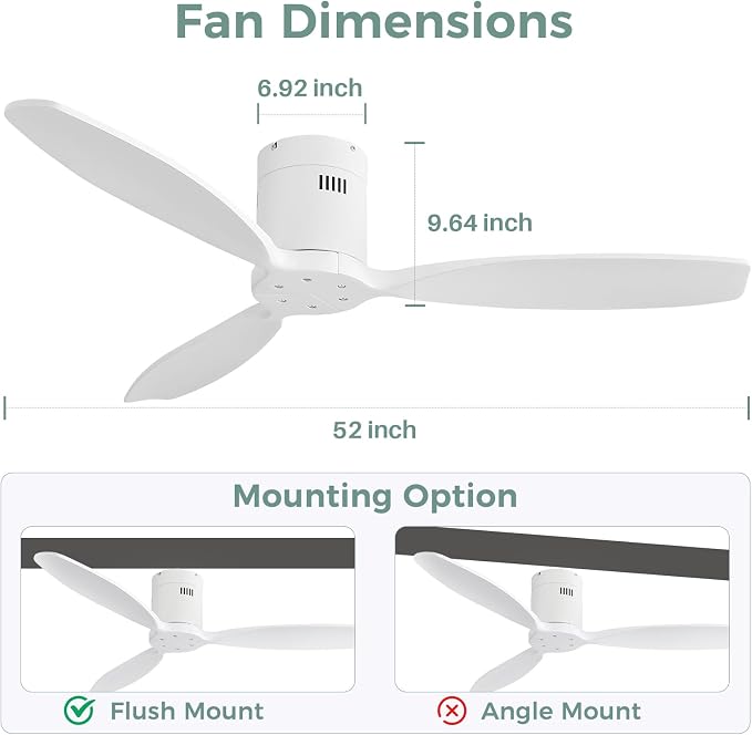 52 Inch Smart Ceiling Fan Without Light Flush Mount Solid Wood Ceiling Fan with Alexa/Google/APP/Remote Control-Modern
