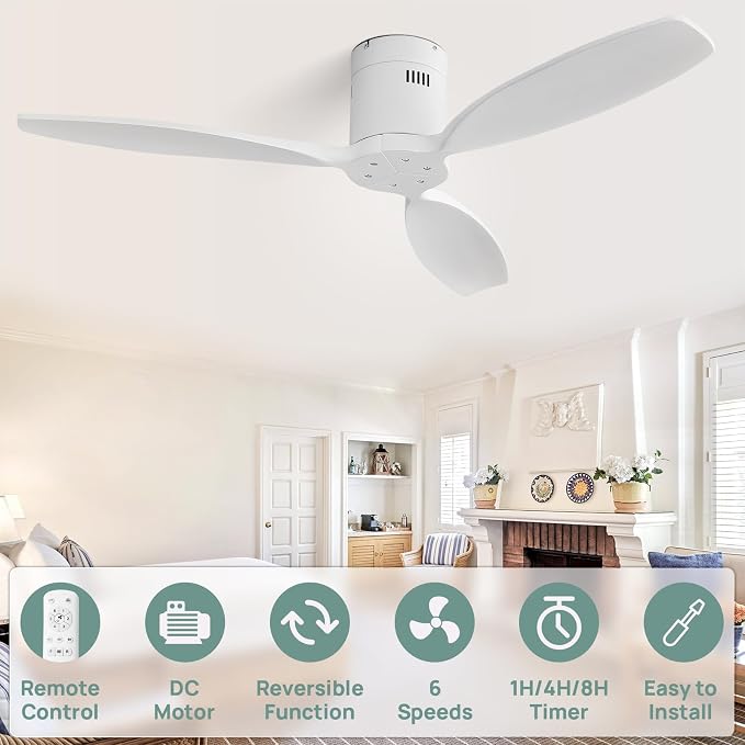 52 Inch Smart Ceiling Fan Without Light Flush Mount Solid Wood Ceiling Fan with Alexa/Google/APP/Remote Control-Modern