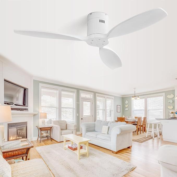 52 Inch Smart Ceiling Fan Without Light Flush Mount Solid Wood Ceiling Fan with Alexa/Google/APP/Remote Control-Modern