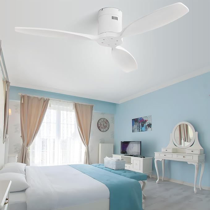 52 Inch Smart Ceiling Fan Without Light Flush Mount Solid Wood Ceiling Fan with Alexa/Google/APP/Remote Control-Modern