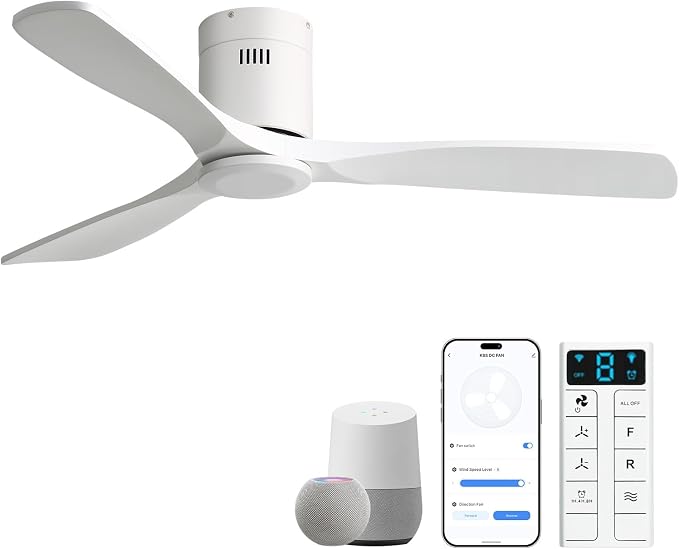 52 Inch Smart Ceiling Fan Without Lights Flush Mount Solid Wood Ceiling Fan with Alexa/Google Assistant/APP/Remote