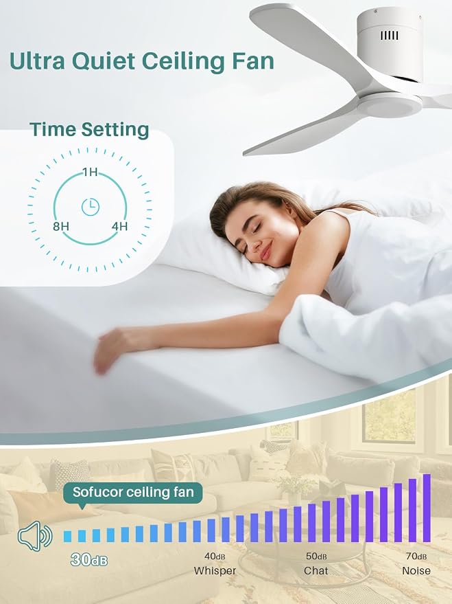 52 Inch Smart Ceiling Fan Without Lights Flush Mount Solid Wood Ceiling Fan with Alexa/Google Assistant/APP/Remote