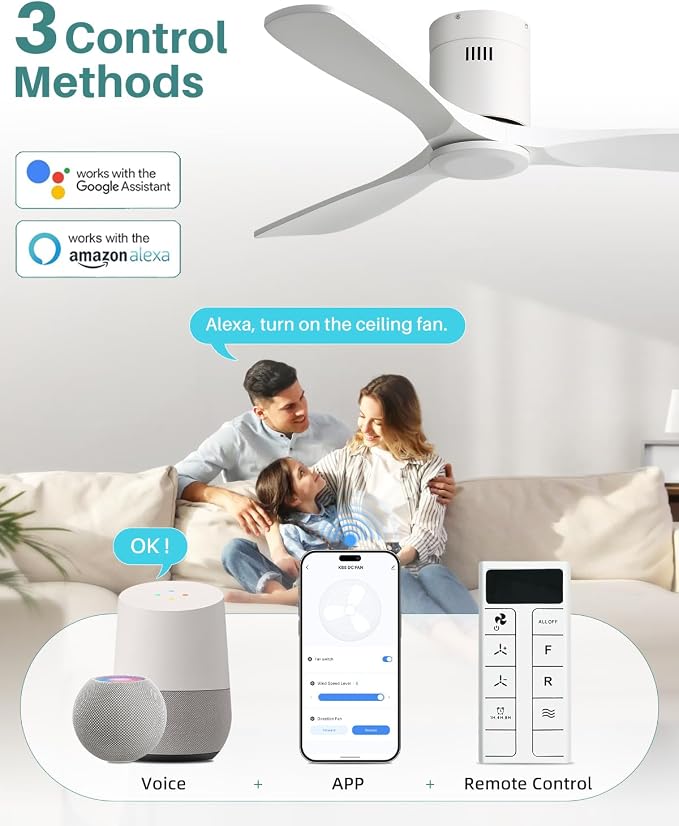 52 Inch Smart Ceiling Fan Without Lights Flush Mount Solid Wood Ceiling Fan with Alexa/Google Assistant/APP/Remote