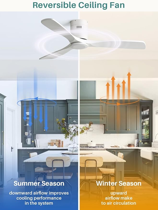 52 Inch Smart Ceiling Fan Without Lights Flush Mount Solid Wood Ceiling Fan with Alexa/Google Assistant/APP/Remote