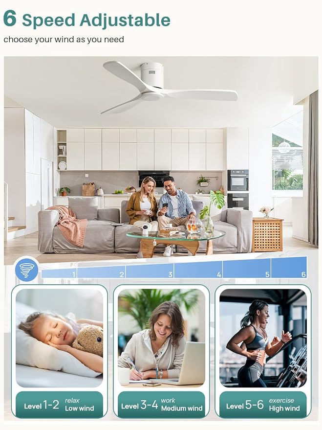 52 Inch Smart Ceiling Fan Without Lights Flush Mount Solid Wood Ceiling Fan with Alexa/Google Assistant/APP/Remote