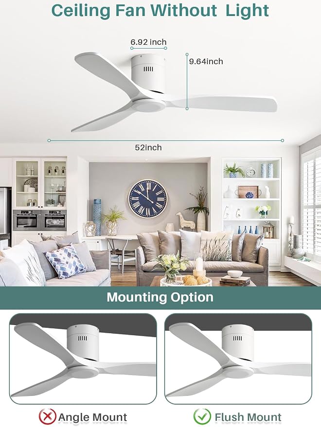 52 Inch Smart Ceiling Fan Without Lights Flush Mount Solid Wood Ceiling Fan with Alexa/Google Assistant/APP/Remote