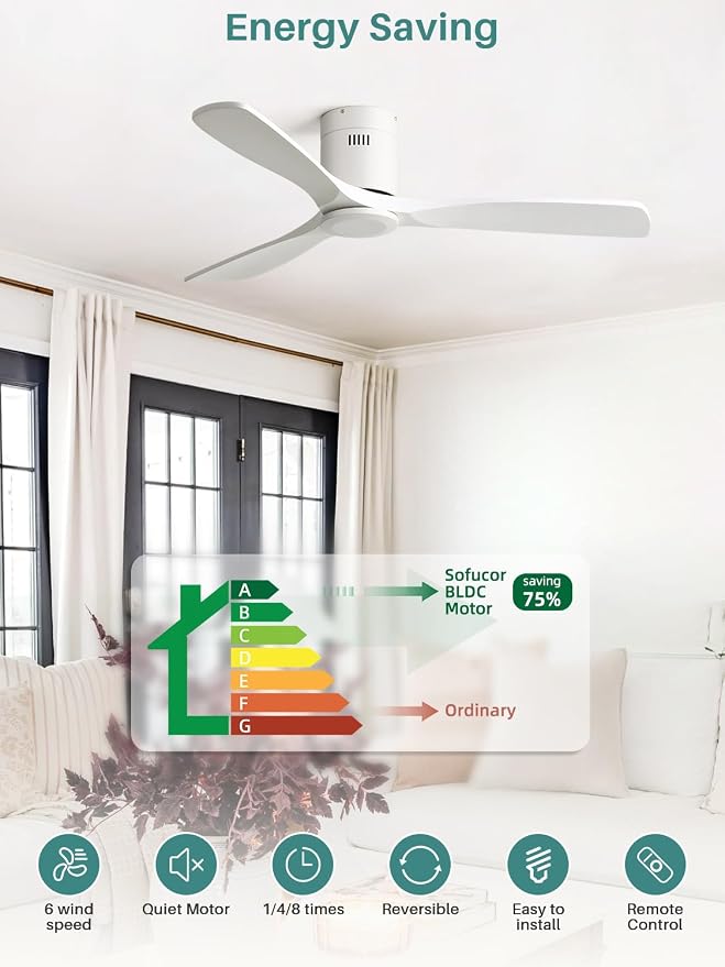 52 Inch Smart Ceiling Fan Without Lights Flush Mount Solid Wood Ceiling Fan with Alexa/Google Assistant/APP/Remote