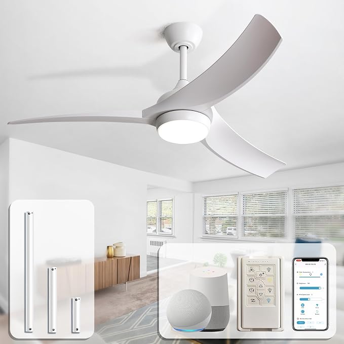 52 Inch Smart Ceiling Fan, Work with App/Alexa/Google, Outdoor White Ceiling Fan with Lights Remote Control, Airflow 6000CFM