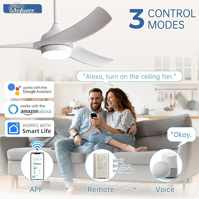 52 Inch Smart Ceiling Fan, Work with App/Alexa/Google, Outdoor White Ceiling Fan with Lights Remote Control, Airflow 6000CFM