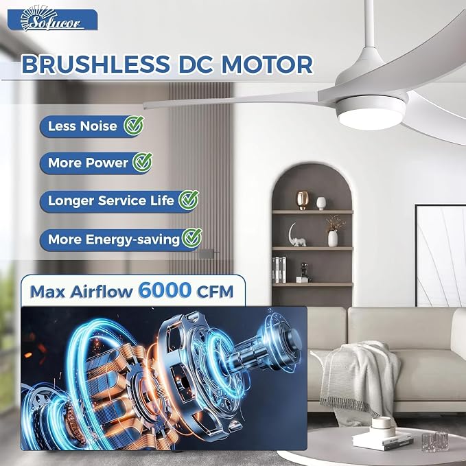 52 Inch Smart Ceiling Fan, Work with App/Alexa/Google, Outdoor White Ceiling Fan with Lights Remote Control, Airflow 6000CFM