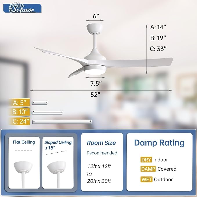 52 Inch Smart Ceiling Fan, Work with App/Alexa/Google, Outdoor White Ceiling Fan with Lights Remote Control, Airflow 6000CFM