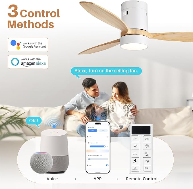 52 Inch Smart Ceiling Fans with Light and Remote-Modern Smart Solid Wood Ceiling Fan with Alexa/Google/APP/Remote Control for