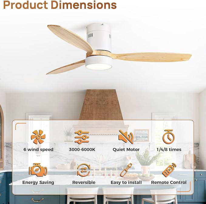 52 Inch Smart Ceiling Fans with Light and Remote-Modern Smart Solid Wood Ceiling Fan with Alexa/Google/APP/Remote Control for