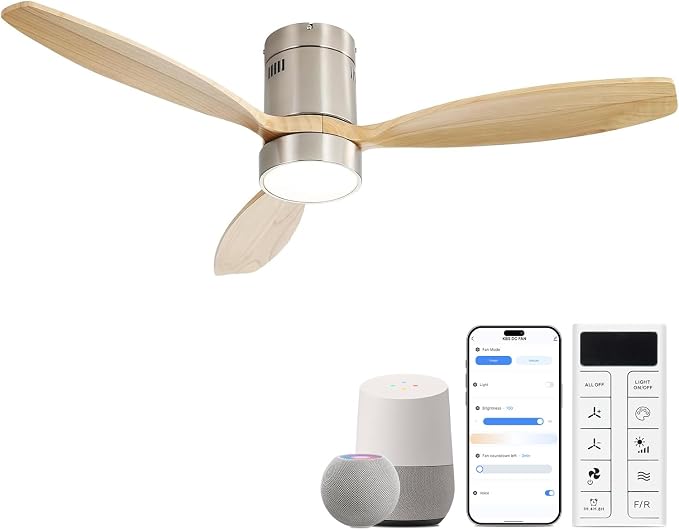 52 Inch Smart Ceiling Fans with Light-Modern Solid Wood Outdoor 3 Blades Ceiling Fan with Light Alexa/Google/APP/Remote