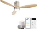 52 Inch Smart Ceiling Fans with Light-Modern Solid Wood Outdoor 3 Blades Ceiling Fan with Light Alexa/Google/APP/Remote