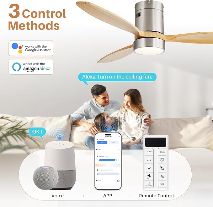 52 Inch Smart Ceiling Fans with Light-Modern Solid Wood Outdoor 3 Blades Ceiling Fan with Light Alexa/Google/APP/Remote