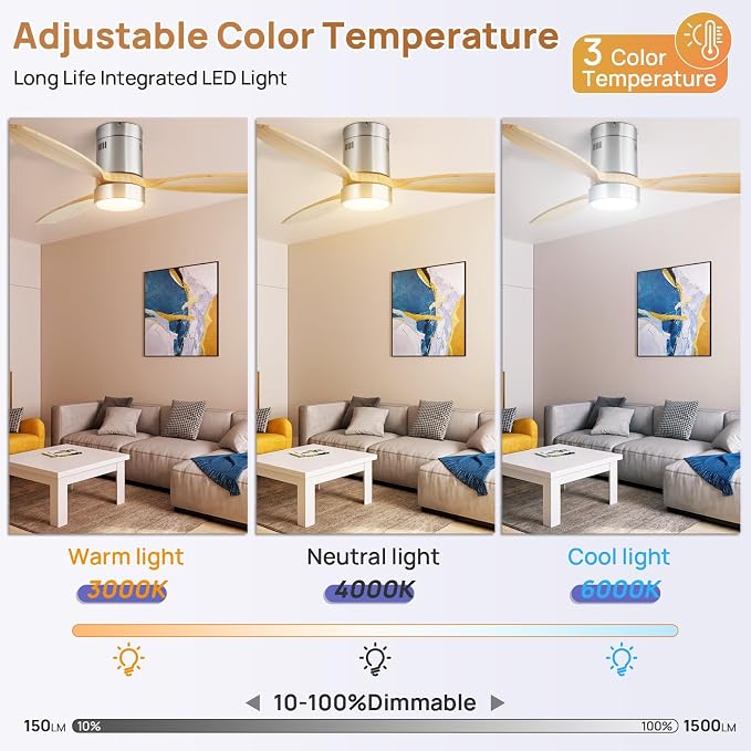 52 Inch Smart Ceiling Fans with Light-Modern Solid Wood Outdoor 3 Blades Ceiling Fan with Light Alexa/Google/APP/Remote